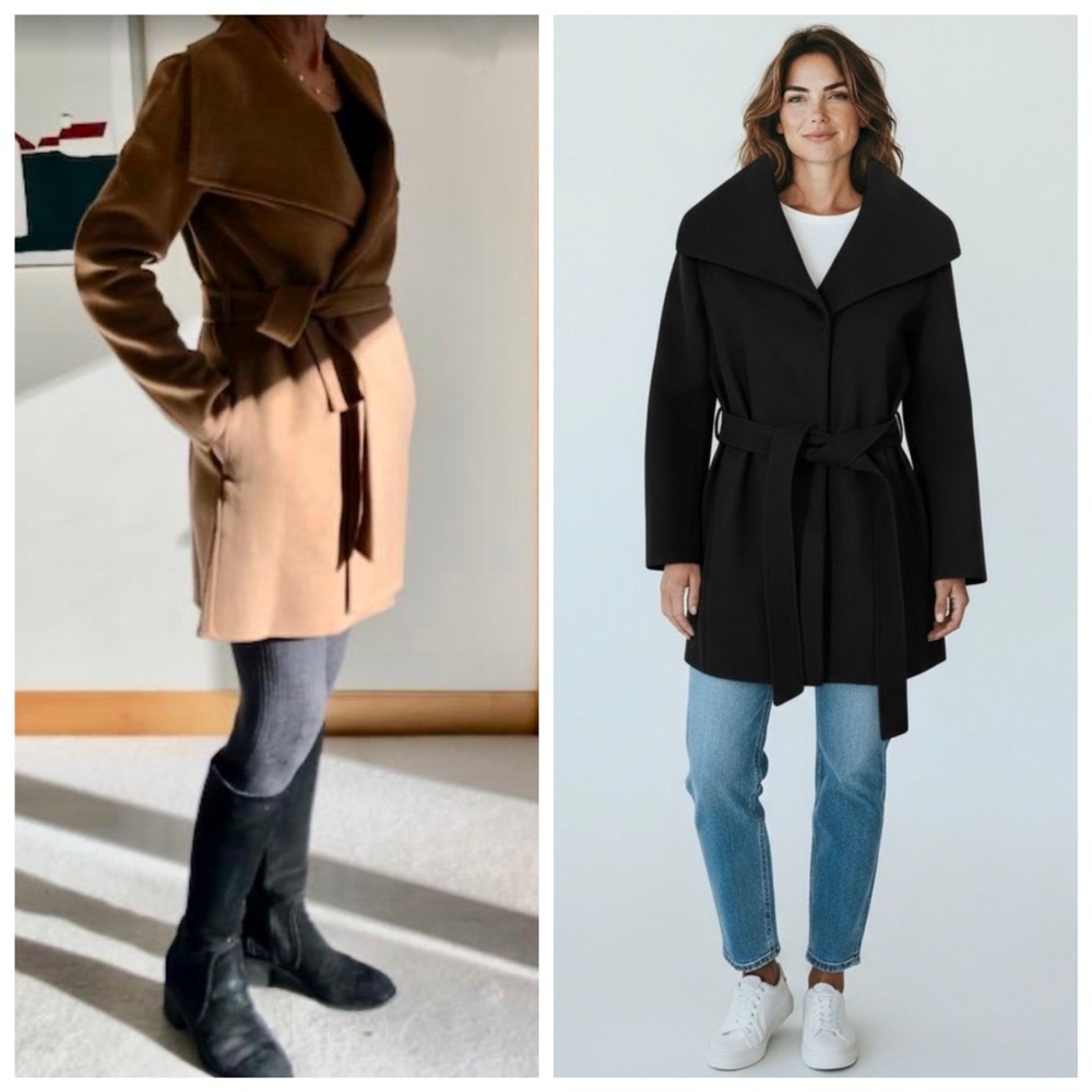 NWT Tahari Tan Camel Wide Collar Shawl Tie Belt Pea Wrap Coat Jacket Faux Wool S - Picture 9 of 15